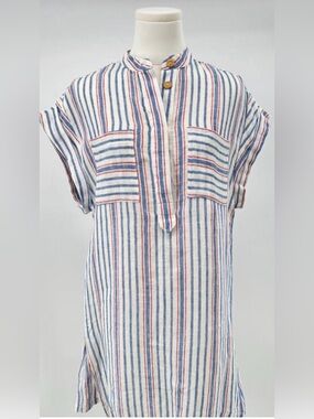 Warm 100% Linen Stripe Tunic Dress Red Blue Cover Up Short Sleeve Mini XS / S